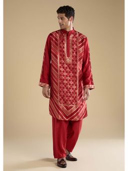 KALKI FASHION - Red Handwoven Jacquard Silk Mens Kurta Set