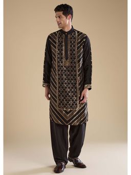 KALKI FASHION - Black Handwoven Jacquard Silk Mens Kurta Pant Set