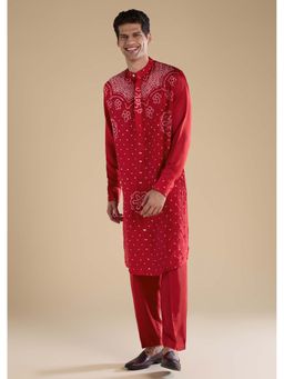 KALKI FASHION - Red Pure Bandhani Printed Silk Mens Straight Kurta Pant Set