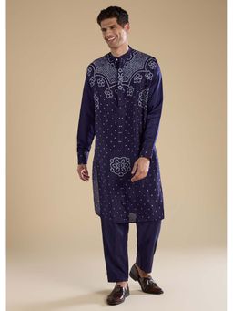 KALKI FASHION - Blue Bandhani Printed Silk Mens Straight Kurta Pant Set
