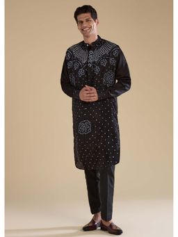 KALKI FASHION - Black Bandhani Printed Silk Mens Kurta and Pant Set