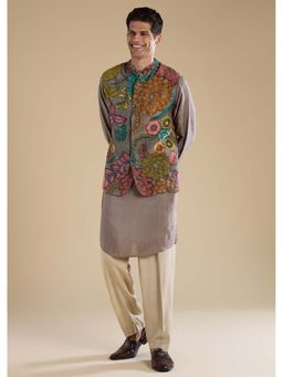 KALKI FASHION - Multi-Color Kalamkari Printed Mens Jacket Kurta and Pant Set
