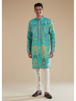 KALKI FASHION - Sky Blue Silk Mens Kurta Set with Thread Mirror Detail Work