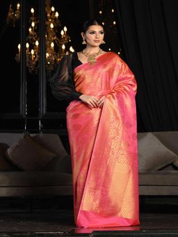 Beatitude - Pink and Golden Nylon Silk Woven Saree with Unstitched Blouse