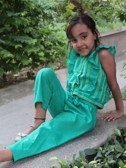 Woonie - Stripped Top with Culottes - Green (Set of 2)