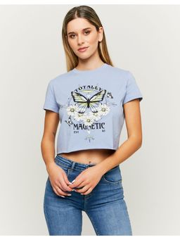 TALLY WEiJL - Blue Cropped Printed Graphic T-Shirt