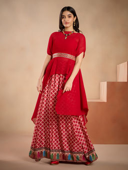 Gajra Gang - Red Pleated Overlay With Skirt & Embroidered Belt ( Set of 4) GGLEH42 (Set of 4)