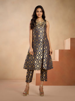 Gajra Gang - Banaras Navy Blue Brocade Straight Kurta GGKUR11