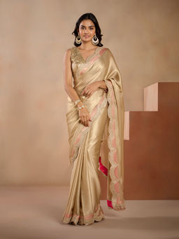 Gajra Gang - Glitterati Beige Zari & Sequine Scallop Border Saree GGSAR31 (Free Size)