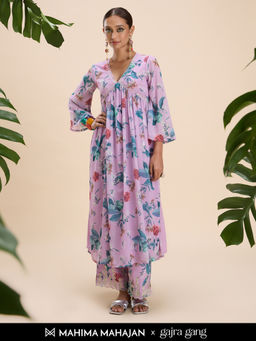 Gajra Gang - Mahima Mahajan Lavender Yoke Embroidered Kurta with Pant GGSKD116 (Set of 2)