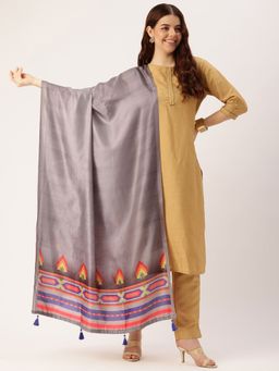 Sangam Prints - Grey Cotton Printed Traditional Tassel Dupatta