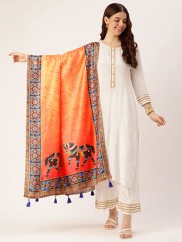Sangam Prints - Orange Cotton Printed Traditional Tassel Dupatta