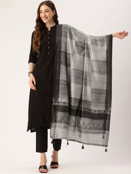 Sangam Prints - Grey Cotton Printed Traditional Tassel Dupatta
