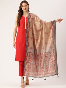 Sangam Prints - Beige Cotton Printed Traditional Tassel Dupatta