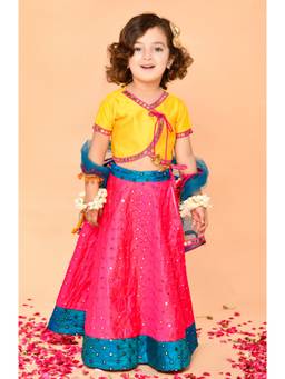 SAKA DESIGNS - Girl Yellow and Magenta Lehenga Choli with Dupatta (Set of 3)