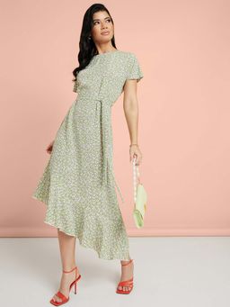 Styli - Green Short Sleeves Floral Print Asymmetric Hem Midi Dress