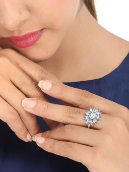 Yellow Chimes - Silver-Toned and Blue Silver-Plated Blue and White Crystal Studded Finger Ring