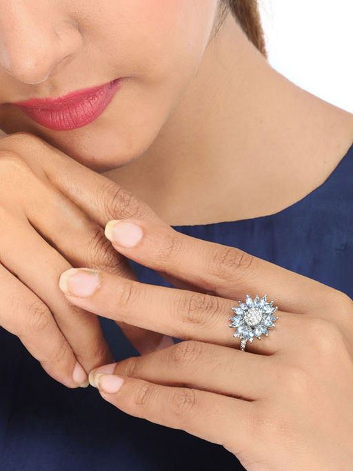 Yellow Chimes Silver-Toned and Blue Silver-Plated Blue and White Crystal Studded Finger Ring