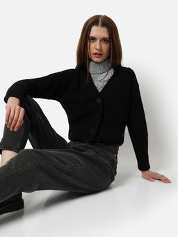 Campus Sutra - Womens Black Ribbed Regular Fit Sweater