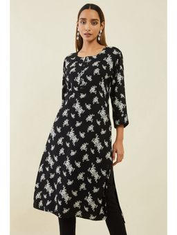Soch - Black Rayon Straight Kurta With Floral Block Print
