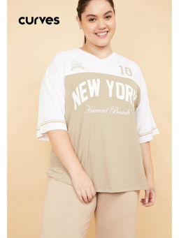 max - Beige Polyester Half Sleeves Colorblock T-Shirt