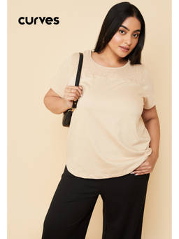 max - Beige Cotton Half Sleeves Solid/Plain Top
