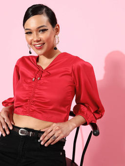 STREET 9 - Red Polyester Three Fourth Sleeves Solid/Plain Crop Top