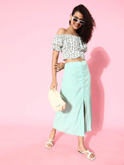 STREET 9 - White Polyester Half Sleeves Floral Crop Top