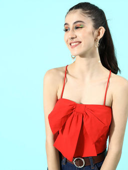 STREET 9 - Red Pure Cotton Sleeveless Solid/Plain Crop Top