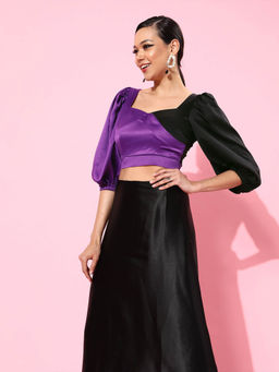 STREET 9 - Multi-Color Polyester Three Fourth Sleeves Colorblock Crop Top