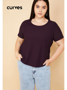max - Purple Polyester Blend Half Sleeves Textured T-Shirt