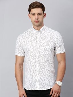 Classic Polo - Men's Half Sleeve White/Beige Cotton Slim Fit Woven Shirt