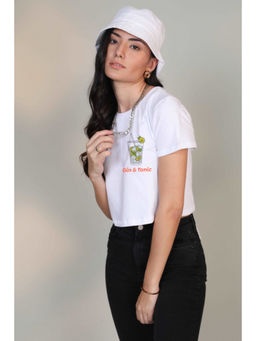 Botnia - White Crew Neck Cotton Gin & Tonic Printed Crop Top