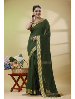 SLAGHA - Women'S Tassels Cotton Blend Saree with Unstitched Blouse