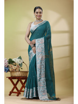 SLAGHA - Women'S Zari Cotton Blend Saree with Unstitched Blouse