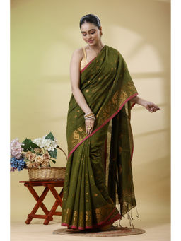 SLAGHA - Women'S Zari Cotton Blend Saree with Unstitched Blouse