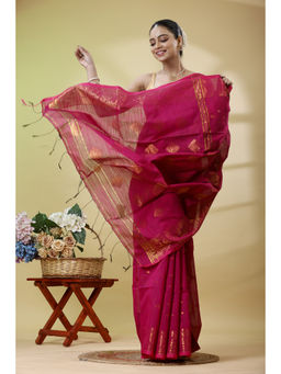 SLAGHA - Women'S Zari Cotton Blend Saree with Unstitched Blouse