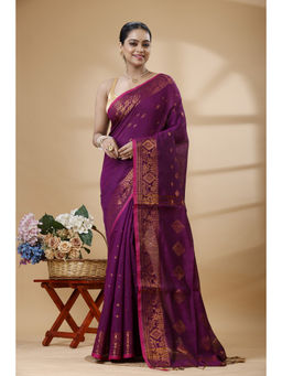 SLAGHA - Women'S Zari Cotton Blend Saree with Unstitched Blouse