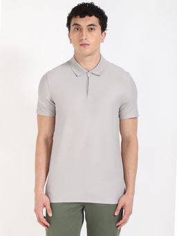 Calvin Klein - Grey Ss Contrast Tipping Pique Zip Polo T-Shirt