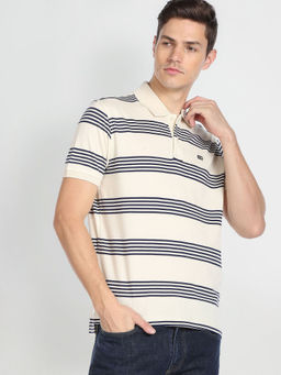Arrow Sports - Beige Horizontal Stripe Cotton Polo T-Shirt