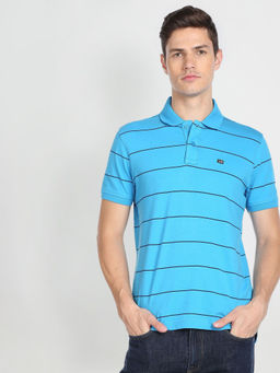 Arrow Sports - Blue Horizontal Stripe Cotton Polo T-Shirt