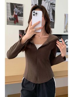 Outzidr - Women Brown Solid Hooded Jacket