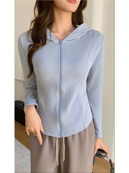 Outzidr - Women Blue Solid Hooded Jacket