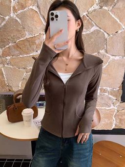 Outzidr - Women Brown Solid Hooded Jacket
