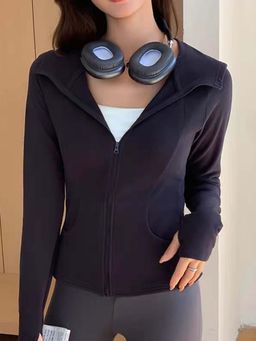 Outzidr - Women Charcoal Solid Hooded Jacket