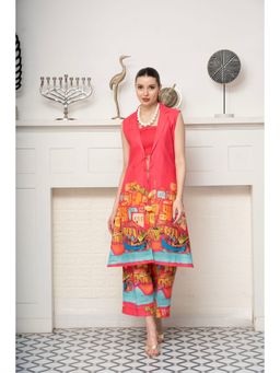 ALLUREARMOIRE - Red Printed Top and Pant with Shrug (Set of 3)