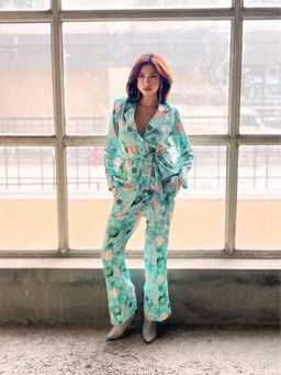 ALLUREARMOIRE - Women Linen Aquamarine Belted Co-Ord (Set of 3)