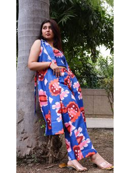 ALLUREARMOIRE - Blue Printed Round Neck Top with Trousers and Shrug with Belt (Set of 4)