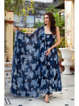 ETHNICSAA - Navy Blue Floral Printed Joya Anarkali Kurta with Pant and Dupatta (Set of 3)