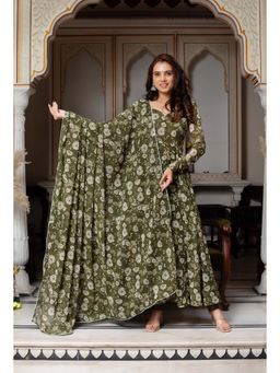 ETHNICSAA - Green Floral Printed Hoor Anarkali Kurta with Pant and Dupatta (Set of 3)